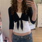 Solid Casual Women Crop Shrug Top V Neck Self Tie 3/4 Sleeve Short Bolero Cardigan Layering Cover Up For Daily Outfit