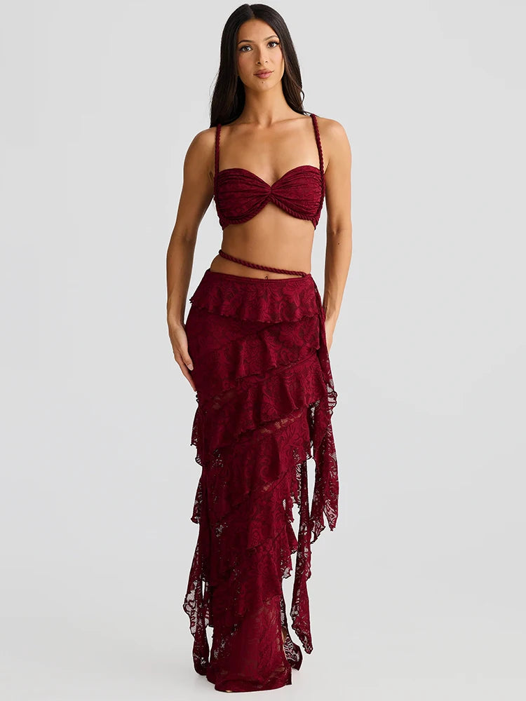 Summer Lace Sexy Two Piece Sets Women Fashion Strapless Crop Tops And Maxi Skirt Female Elegant Beach Party 2 Piece Set