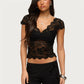 Y2K Sexy Sheer Lace Crop T-Shirt V Neck Scallop Trim Short Sleeve Slim Fitted Hollow Back Night Club Party Cropped Top