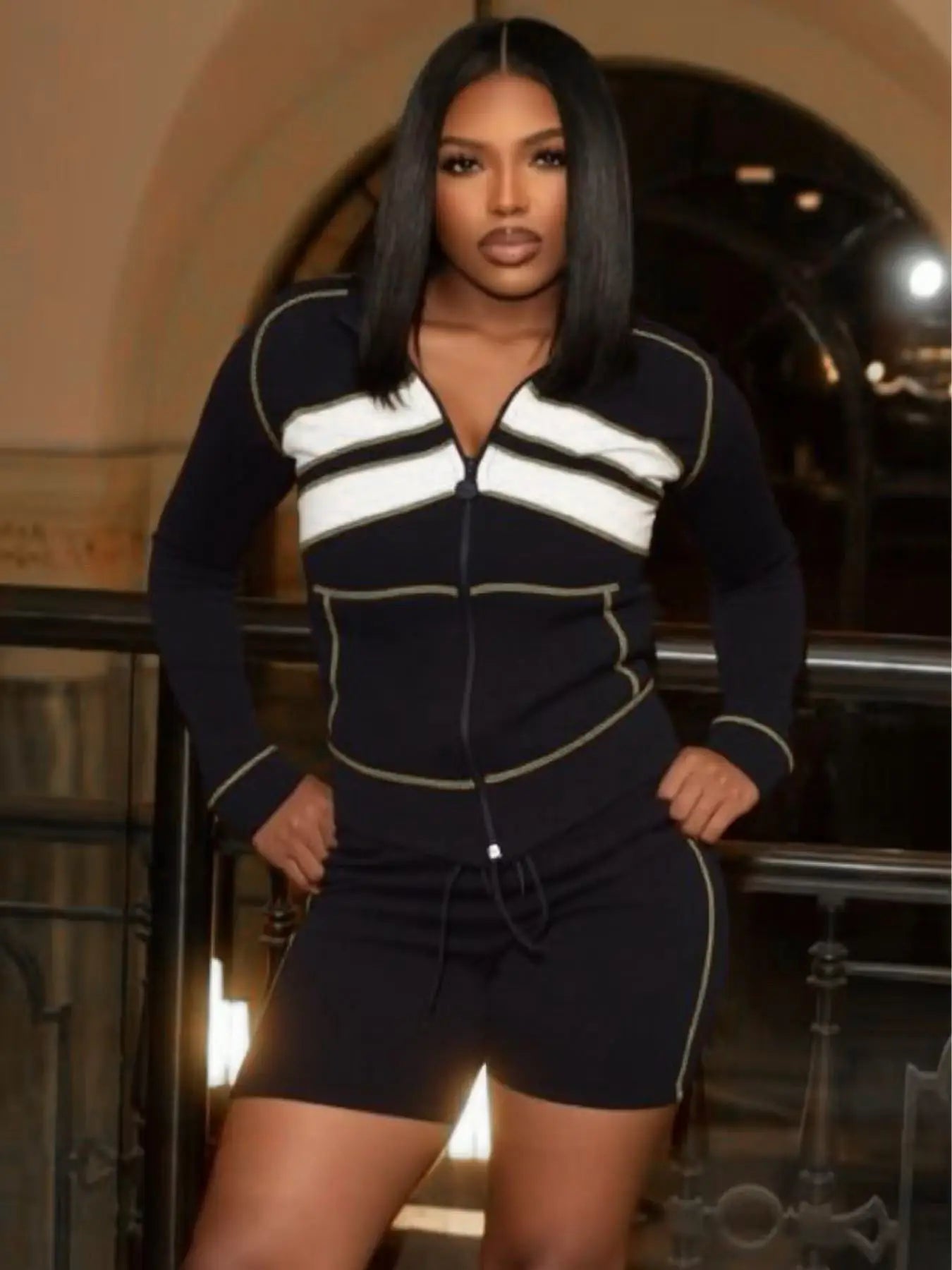 Patchwork Stripes 2-Piece Set Women Tracksuit Zip Crop Jacket+Casual Shorts Elastic Matching Streetw Sporty Outfits