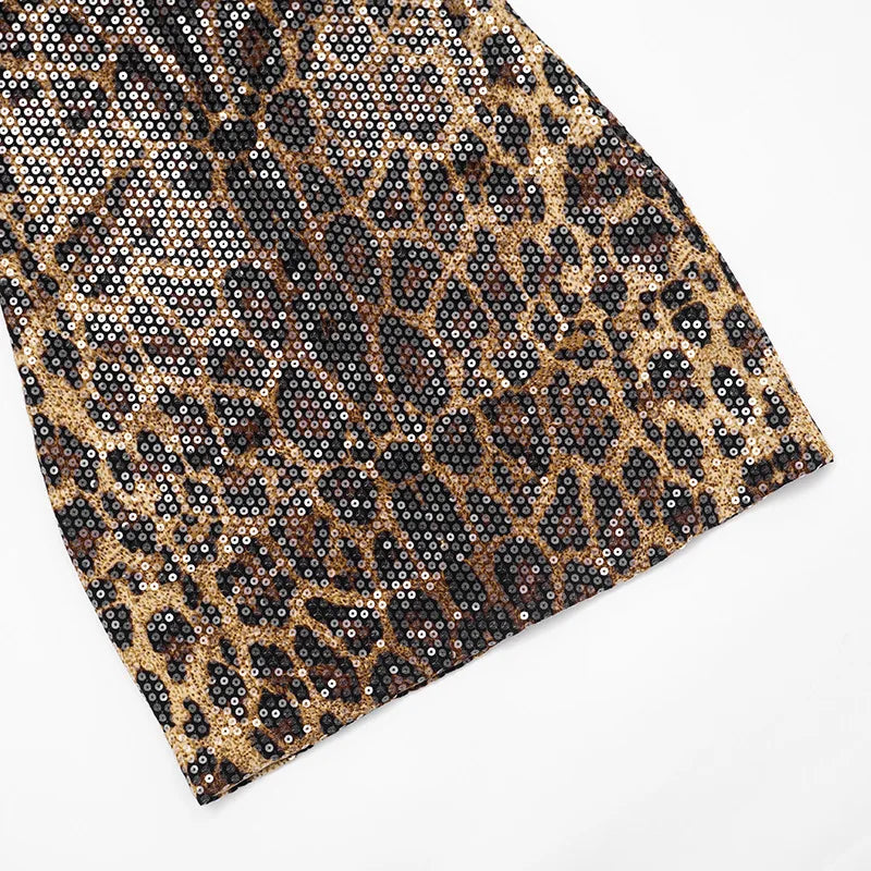 Leopard Print Sequins Glitter Dress Sleeveless Mini Bodycon Dresses for Woman Sexy Club Outfits