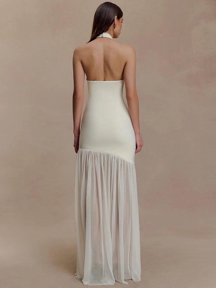 Hollow Out Halter Backless Sexy Maxi Dress Women Gown Elegant Patchwork V Neck Sleeveless Bodycon Club Party Long Dress