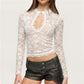 Women Y2K Mock Neck Keyhole Cutout Sheer Lace Crop Top Long Sleeve Floral Scallop Edge Slim See Through Gothic Blouse