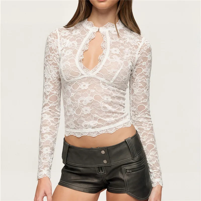 Women Y2K Mock Neck Keyhole Cutout Sheer Lace Crop Top Long Sleeve Floral Scallop Edge Slim See Through Gothic Blouse
