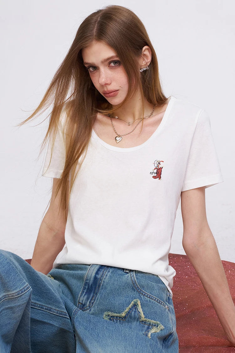 Solid Color Regular Shoulder U-Neck Versatile Slim Casual Crop Top T-Shirt for Women
