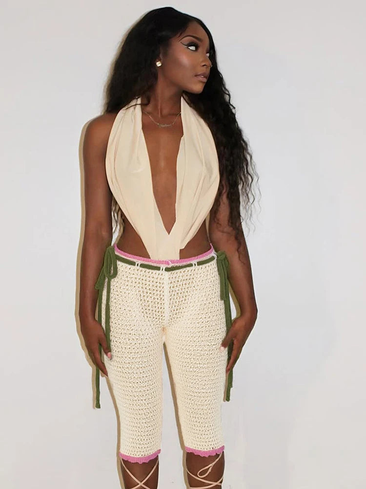 Crochet Shorts Women Coquette Hollow Sash Bandage Sexy Summer Hipster Midnight Clubwear Skinny Stretch Bike Shorts