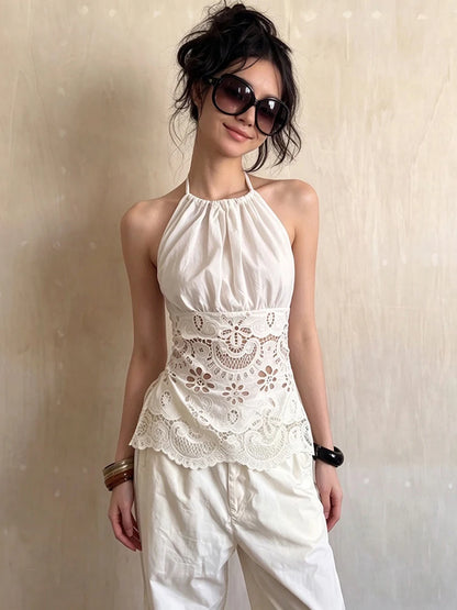 Sexy Hottie Backless Tank Top Women Trend Jacquard Patchwork Halter Sleeveless Ruched Stretch Chic Street Club Vest