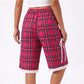 Women Bermuda Shorts Camo Plaid Print Elastic Waist Lace Trim Bow Decor Loose Baggy Knee Length Casual Street Shorts