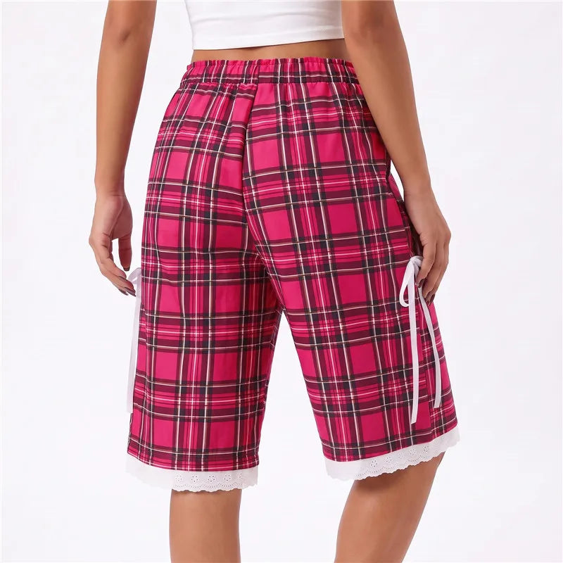 Women Bermuda Shorts Camo Plaid Print Elastic Waist Lace Trim Bow Decor Loose Baggy Knee Length Casual Street Shorts