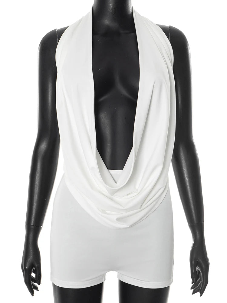 Sexy Fashion 2 Piece Set Women Halter Swing Collar Backless Crop Tops+Skinny Peach Hip Shorts Evening Hipster Outfits