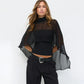 Women 2 In 1 Chiffon Cape Shirts Mock Neck Sheer Flowy Cloak Sleeve Crop Tops Slim Fit Inner Tube Layered Elegant Party