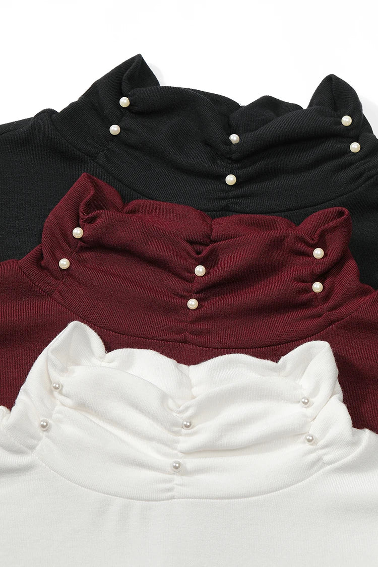 2025 Winter New Arrivals Y2K Solid High Neck Pearl Fit Long Sleeve Tshirt For Women