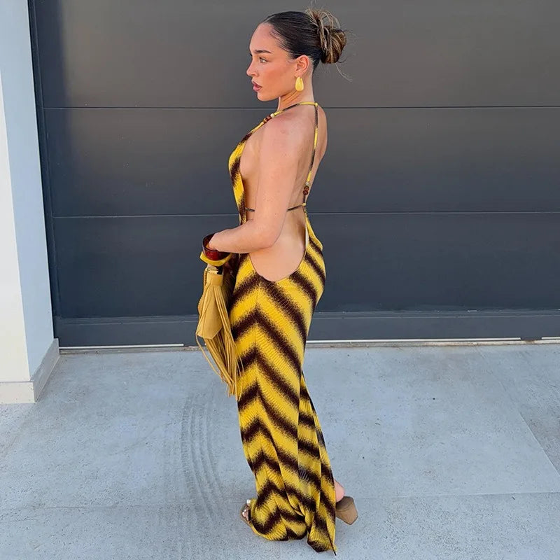 Yellow Striped Halterneck Maxi Dress Sexy Woman Clothing Backless Vacation Dresses 2026