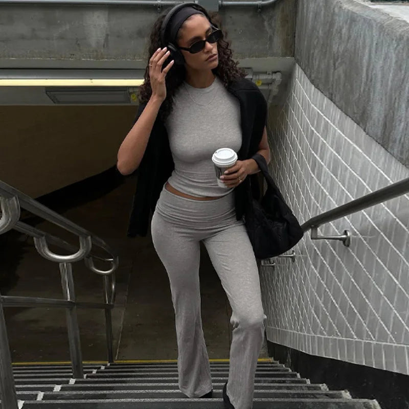 Comfy Ribbed Two Piece Set Short Sleeve Crop Top and Pants Casual Summer Outfits for Women Clothes