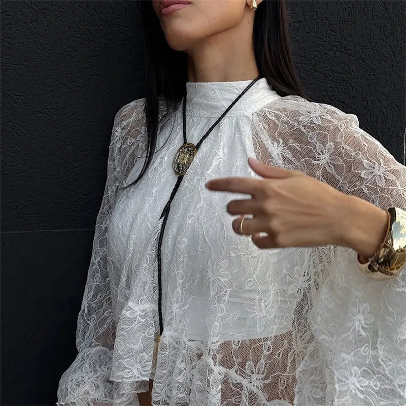 Women's Sheer Shirts Flare Long Sleeve Mock Neck Lace Floral Tops Fashion Ruffled Peplum Hem Cropped Blouse Streetwear