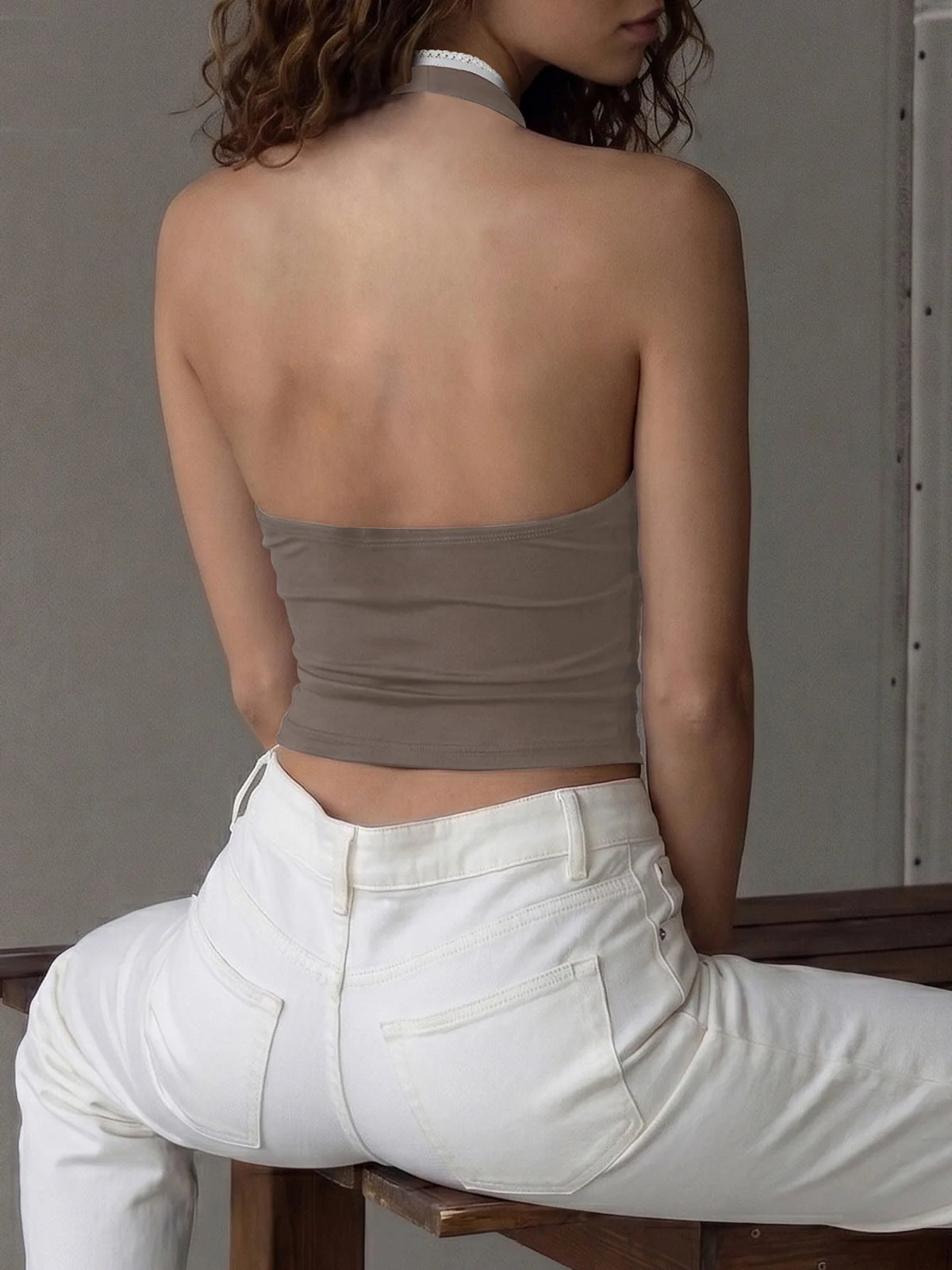 Bow Tie Lace Trim Deep V Halterneck Top Brown Tight Fitted Crop Tank Top New Arrivals 2026 Woman Clothing