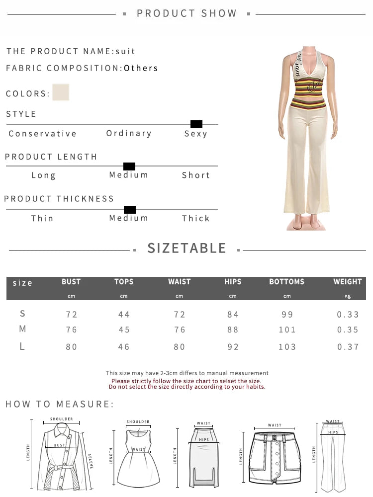 Letter Print 2 Piece Set Woman Colorful Striped Halter Low-Neck Backless Tank Tops+Flare Pants Casual Fashion Suits