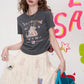 Y2K Cartoon Print Crop T-Shirt Short Sleeve Ruched Side Slim Fit Tee for Women