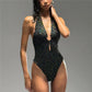 Rhinestone Front Cut Out Halterneck Bodysuit Sexy Night Out Backless Romper Short Playsuit Women Club Party Bodycon