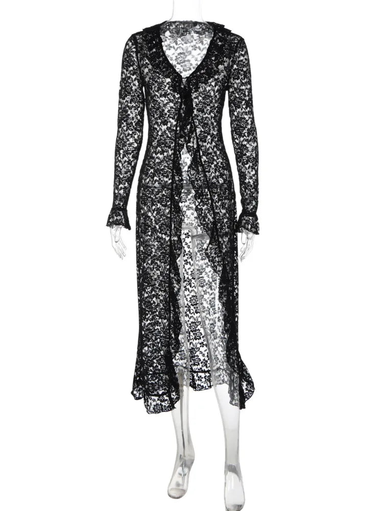 Women White Lace Long Cardigan Ruffle V Neck Long Sleeve Sheer Mesh Open Front Maxi Cover Up Beach Swimwear Coverup