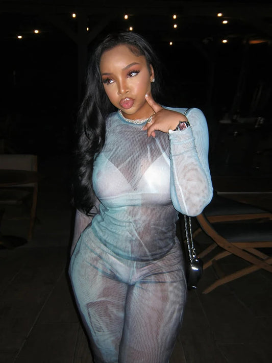 Gradient Print Sexy Women 2 Piece Set See Through Full Sleeve Stretch Crop Tops+Straight Pants Matching Clubwear Outfits