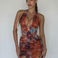 Fashion Print Deep V Neck Backless Mini Dress Sexy Clothes for Woman Hollow Out Backless Dresses
