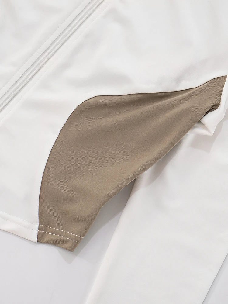 Contrast Patchwork 2 Piece Set Women Zipper Cardigan Full Sleeve Jacket+Kink Shorts Daily Casual Simple Sporty Suit