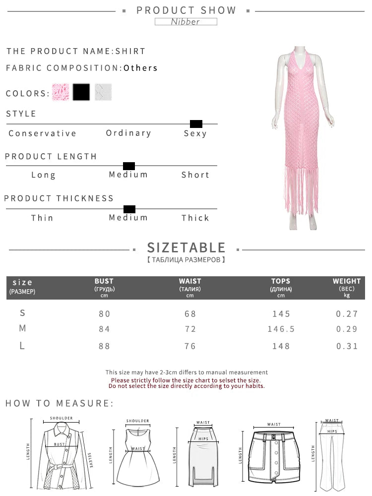 Crochet Elegant Dress Women Halter Low-Neck Backless Splits Ruched Tassel Vacation Fashion Beach Party Long Bodycon