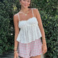 Beach Vacation White Eyelet Embroidery Cami Top Women Spaghetti Strap Ruffled Trim Peplum Flowy Casual Summer Top