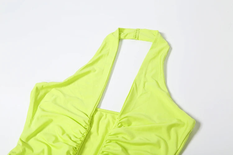 Patchwork Dress Women Backless Halter Deep V-Neck Ribbon Peach Buttock Pleated Solid Midnight Clubwear Party Vestidos