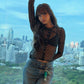 See Through t-Shirt Women Polka Dot Print Single-Breasted Full Sleeve o-Neck Music Festival Fashion Hottie Streetwear