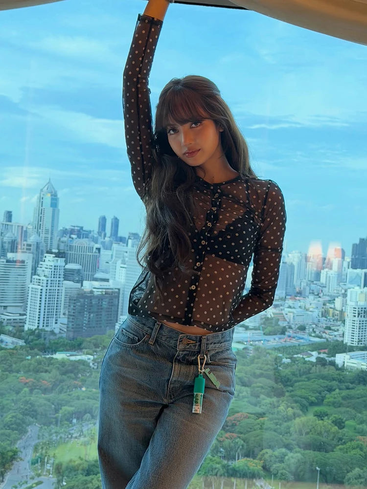 See Through t-Shirt Women Polka Dot Print Single-Breasted Full Sleeve o-Neck Music Festival Fashion Hottie Streetwear