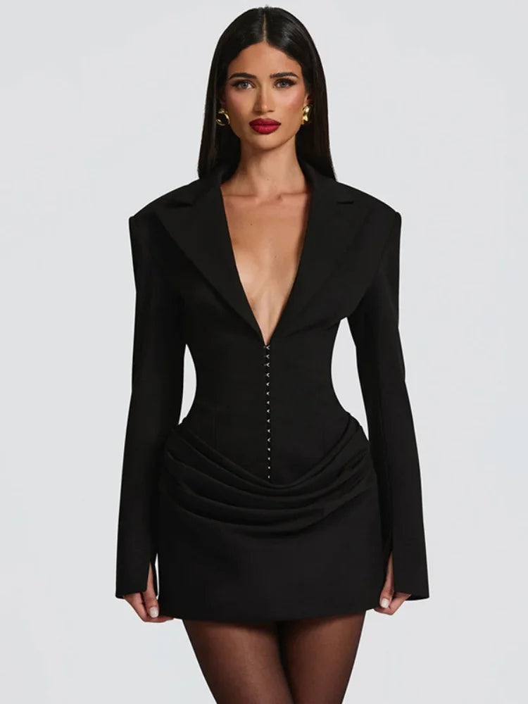 Ruched Blazer Mini Dress Sexy Deep V Neck Long Sleeve Dresses Woman Clothes Fall Winter
