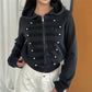 Womens Trendy Cropped Zip Hoodie Military Double Metal Buttons Design Hooded Long Sleeve Slim Short Jacket Street Top