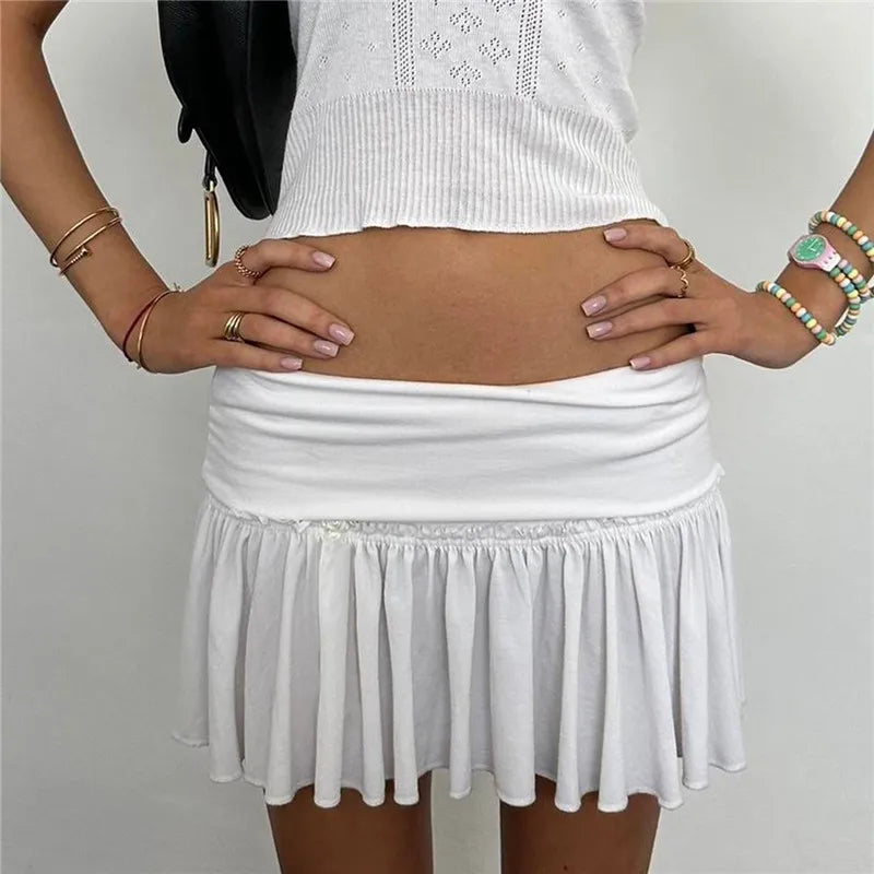 Women Low Waist Fold Over Pleated Mini Skirt Y2K Ruched Flared A Line Short Skirt Summer Casual Fairy Skirt