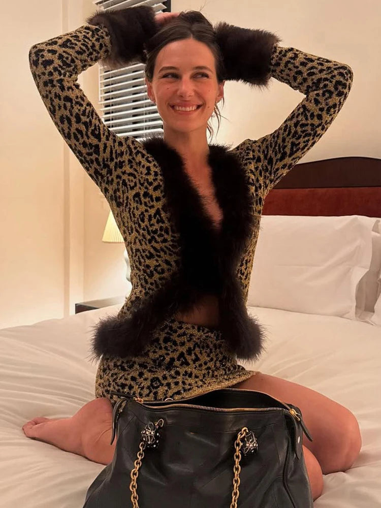 Wild Leopard Print 2Piece Set Woman Autumn Trend Furry Patchwork Full Sleeve Tops+Skinny Mini Skirts Street Style Outfits