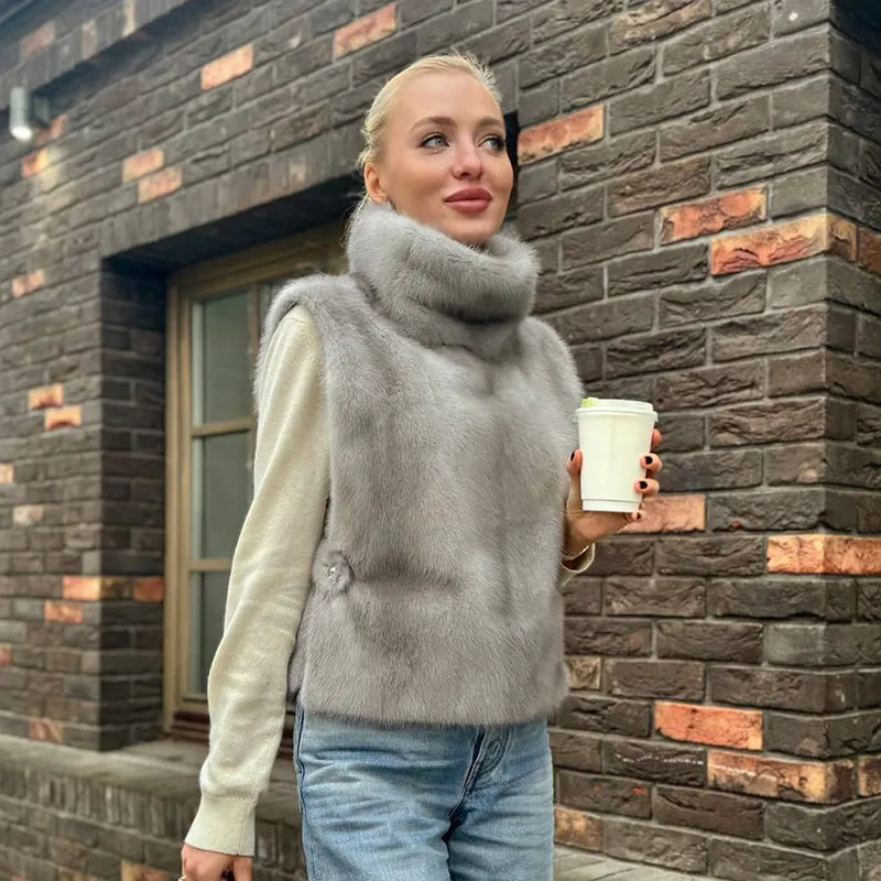 Woman Vests Luxury Faux Fur Warm Fluffy Turtleneck Buckle-down Sleeveless Top Coat Jacket Winter Clothes