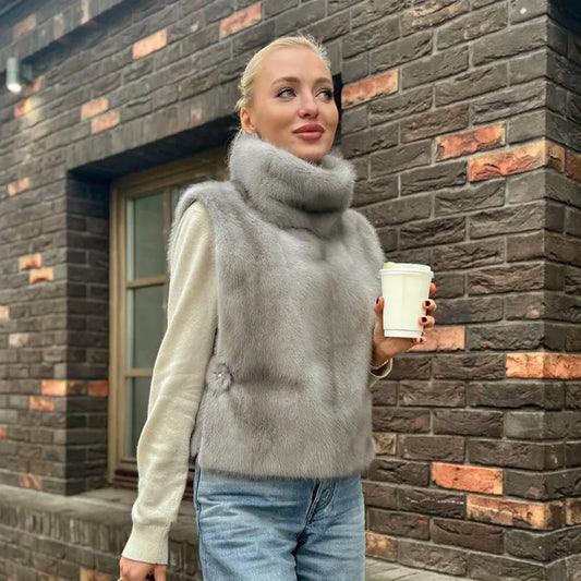 Woman Vests Luxury Faux Fur Warm Fluffy Turtleneck Buckle-down Sleeveless Top Coat Jacket Winter Clothes