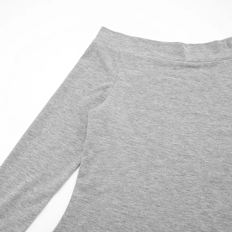 One Shoulder Slit Long Sleeve Tee Shirts Ladies Casual Grey Tops Woman's Clothes Fall