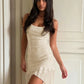 Sequin Ribbed Mini Dress Women Sleeveless Square Neck Ruched Bodycon Short Dress Ruffle Hem Club Night Out Party Dress