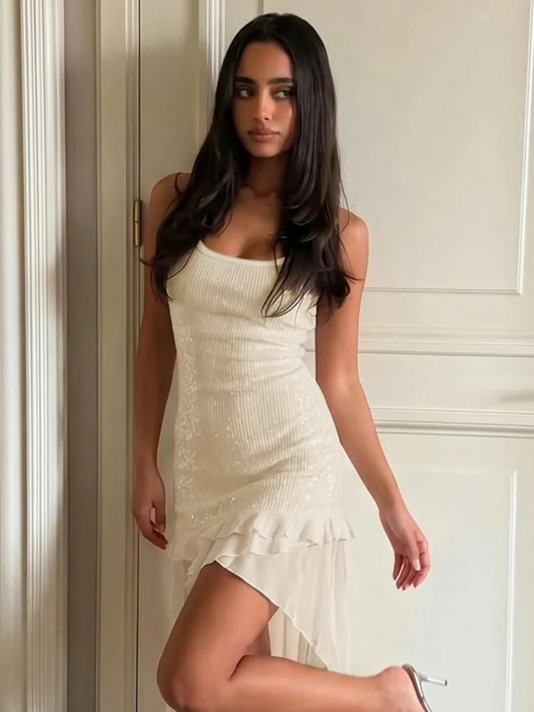 Sequin Ribbed Mini Dress Women Sleeveless Square Neck Ruched Bodycon Short Dress Ruffle Hem Club Night Out Party Dress