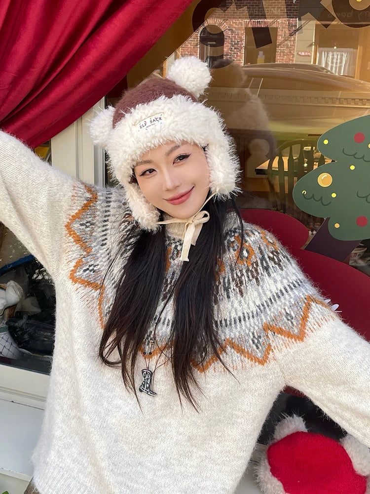Y2K Cute Plush Hat Ear Flap Solid Tie Beanie For Women
