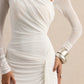 One Shoulder Mesh Long Sleeve Maxi Dress Women Ruched Thigh High Slit Bodycon Evening Party Wedding Guest Long Dress