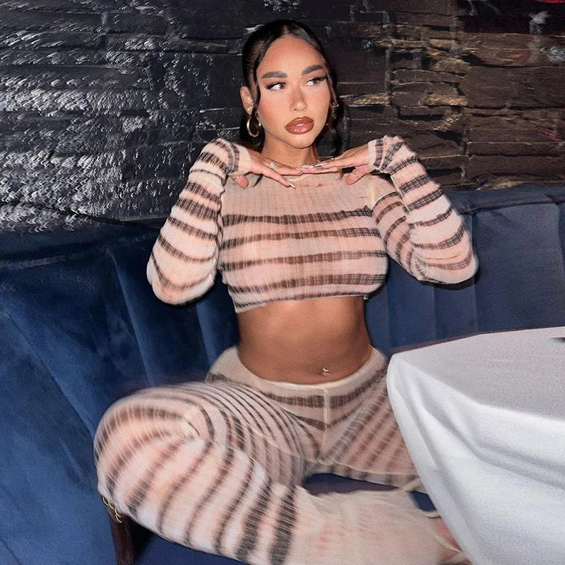 Sexy Mesh See Through Stripe Printed 2 Piece Flare Pant Sets Female Clothes Outfits Fall Women Matching Sets