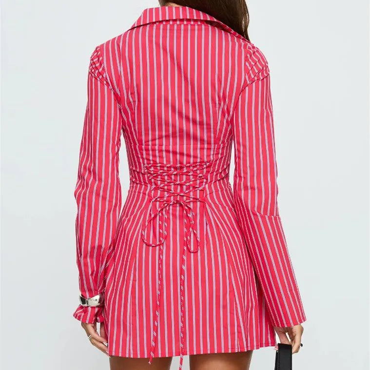 Women Striped Button Down Shirt Dress Y2k Lapel Collar Long Sleeve Pleated Corset Mini Dress Vacation Party Dresses