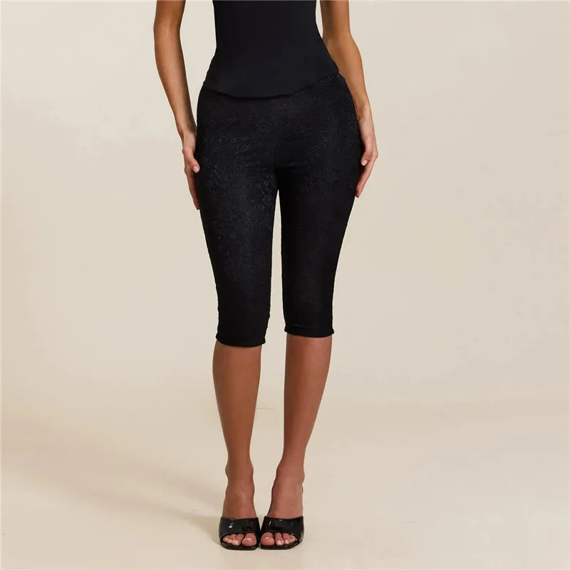 Elegant Women Floral Embossed Lace Capri Leggings High Waist Slim Stretch Knee Cropped Pants Solid Daily Casual Bottoms