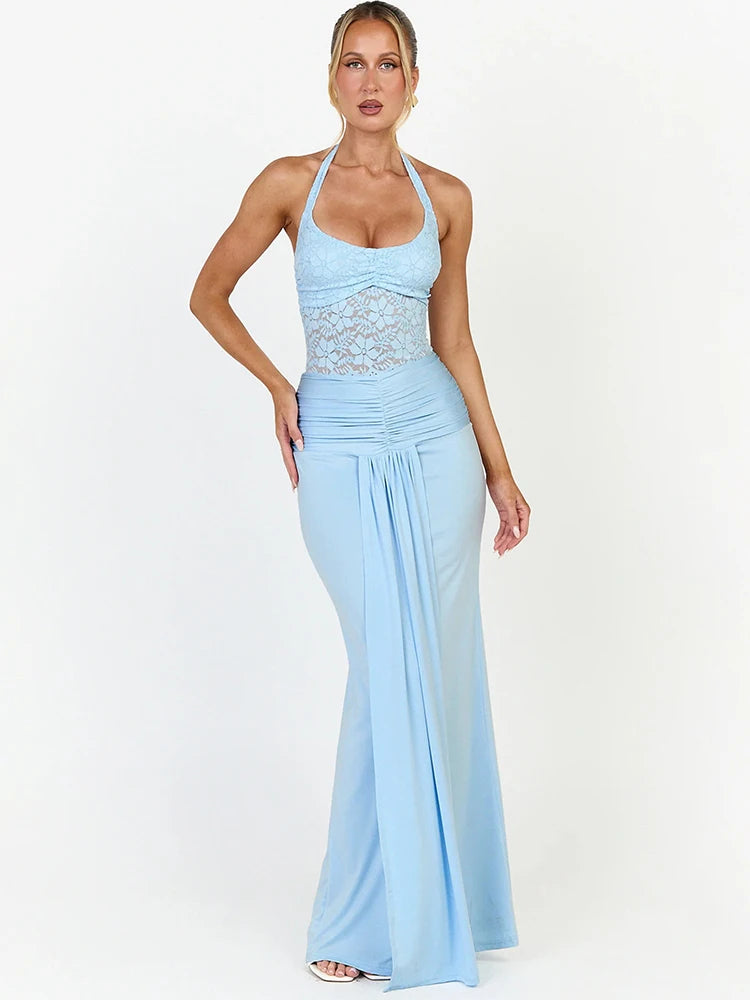 Women Halter Lace Mesh Bodycon Sexy Maxi Dress Elegant Ruched Front Split Long Dress Evening Party Club Formal Dress