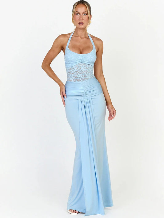 Women Halter Lace Mesh Bodycon Sexy Maxi Dress Elegant Ruched Front Split Long Dress Evening Party Club Formal Dress