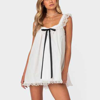 Women Y2K Lace Trim Mini Dress Cute Fly Sleeve Bowknot Babysoll Short Dress Summer Fairy Grunge Party Night Dress