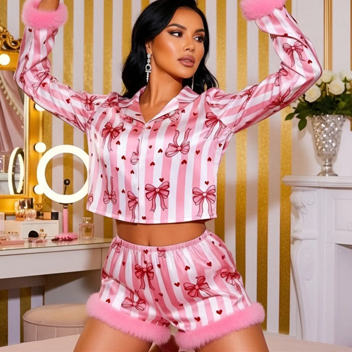 Women Valentine's Day Pajamas Set Striped Heart Furry Trim Long Sleeve Tops and Shorts 2 Piece Sleepwear Outfit